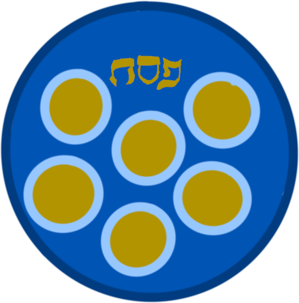 A Seder plate, the plate's color scheme is gold and various shades of blue. The outline of the plate is a dark shade of blue. The inside of the plate is a medium shade of blue. Throughout the middle of the plate there are five smaller circles. The small circles are outlined in a very light blue and the middle is good. There are Hebrew letters above the smaller circles.
